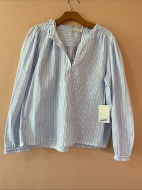 PARKER Light Blue Pinstripe V-Neck Long Sleeve Blouse 100/COTTON